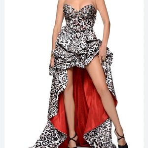 Leopard Print High-Low Evening Dress with Red Lining